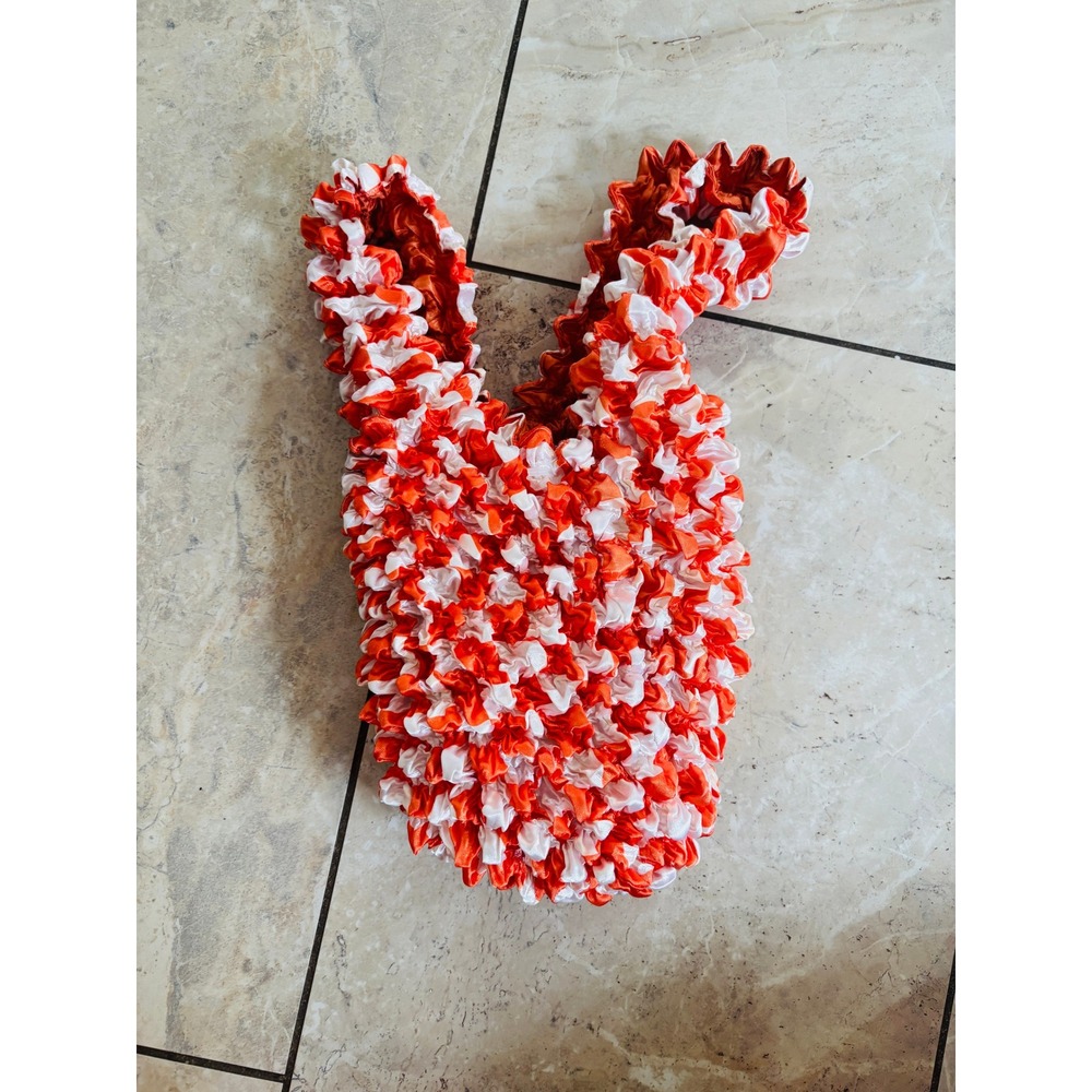 Orange White Checkered Popcorn Texture Expandable Tote Bag Hobo Puckered Fabric